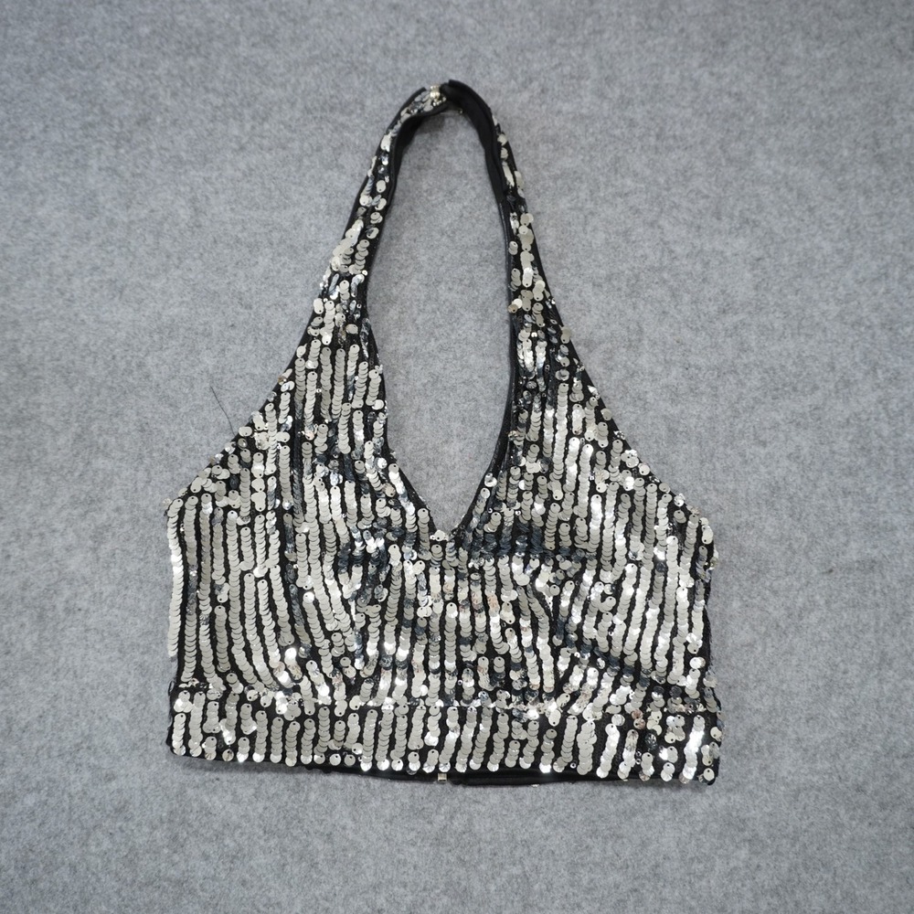 The Sang Size Small Silver Sequin Halter Crop Top Party Club Concert Flirty Fun